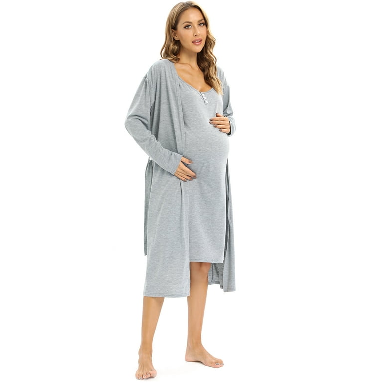 Xmarks Womens Maternity Nursing Nightgown and Long Sleeve Robe Set 2 in 1 Labor Delivery Nursing Dress 2 Piece Sleepwear Gray M