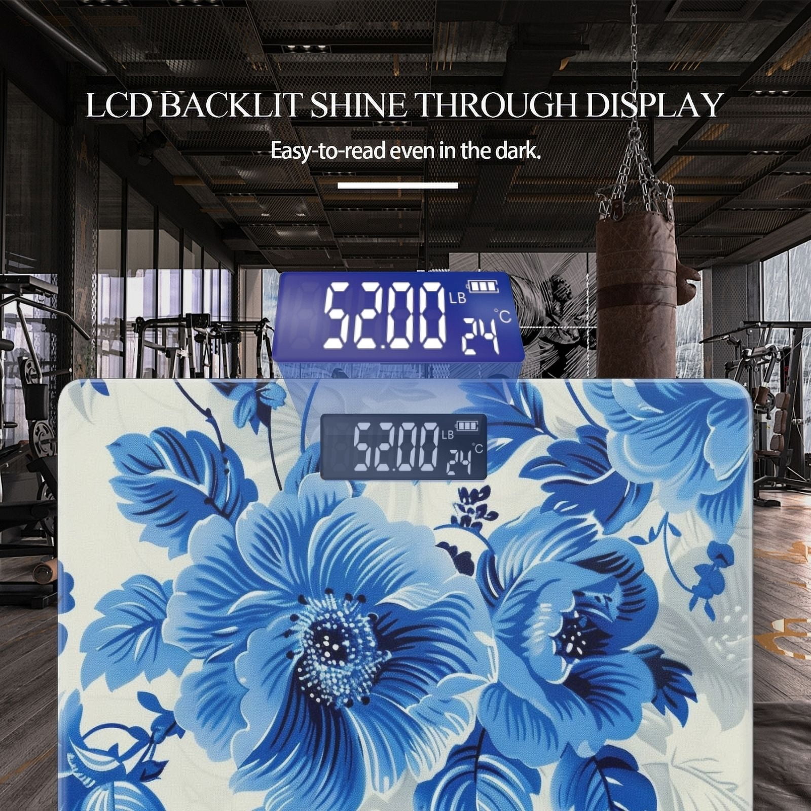 High Precision Body Weight Scale Smart Bathroom Scales with Large LCD Display(400lbs),Decorative for Bedroom-Blue And White Floral Pattern Of Large Flowers Small Leaves