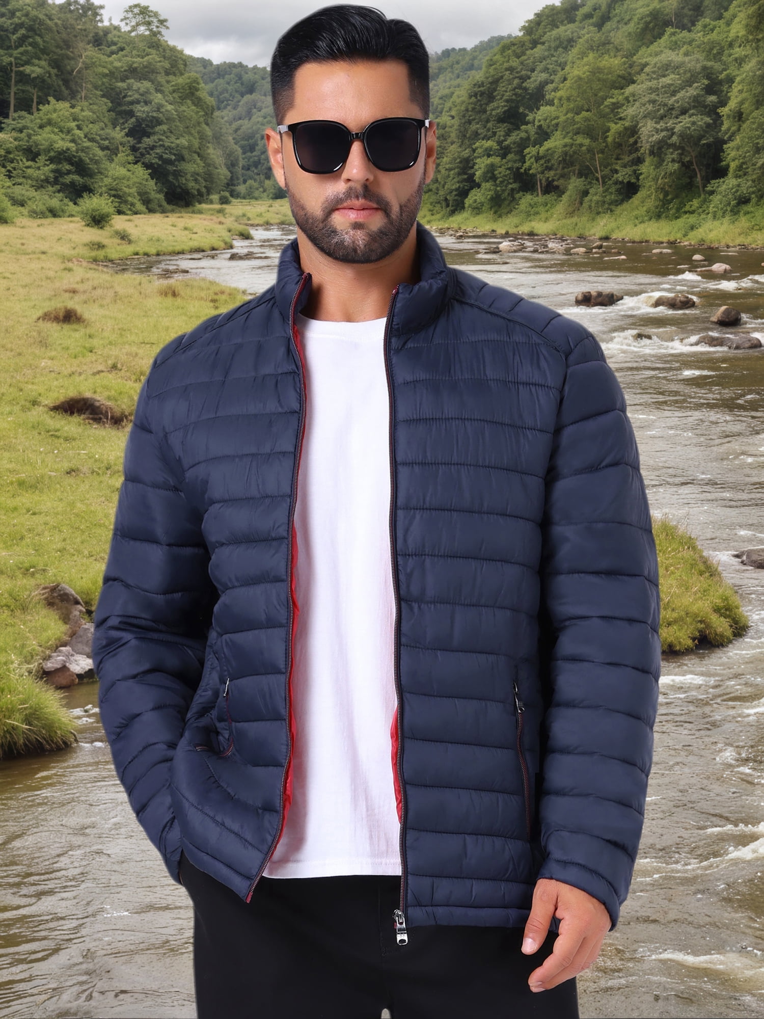 DARING DIVA Men's Winter Solid Stand Collar Zipper Quilted Puffer Jacket M Dark Blue