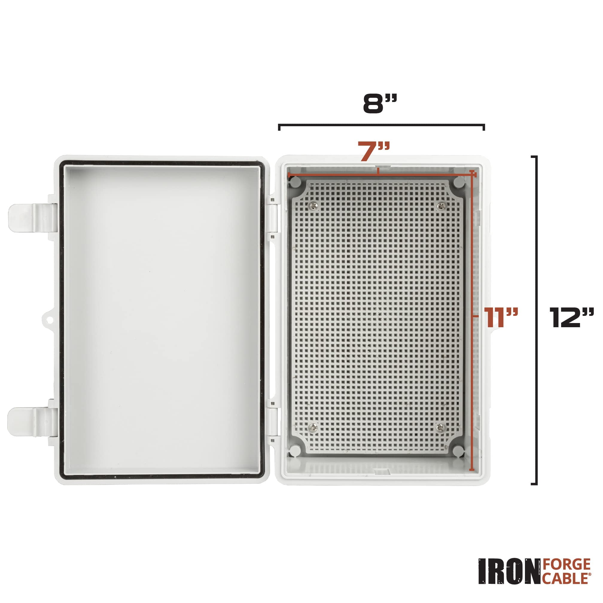 Iron Forge Cable Waterproof Junction Box - Outdoor Electrical Enclosure - Plastic Project Boxes with Mounting Plate, Wall Brackets, Weatherproof Hinged White Panel Cover - IP65-11x7 Inch