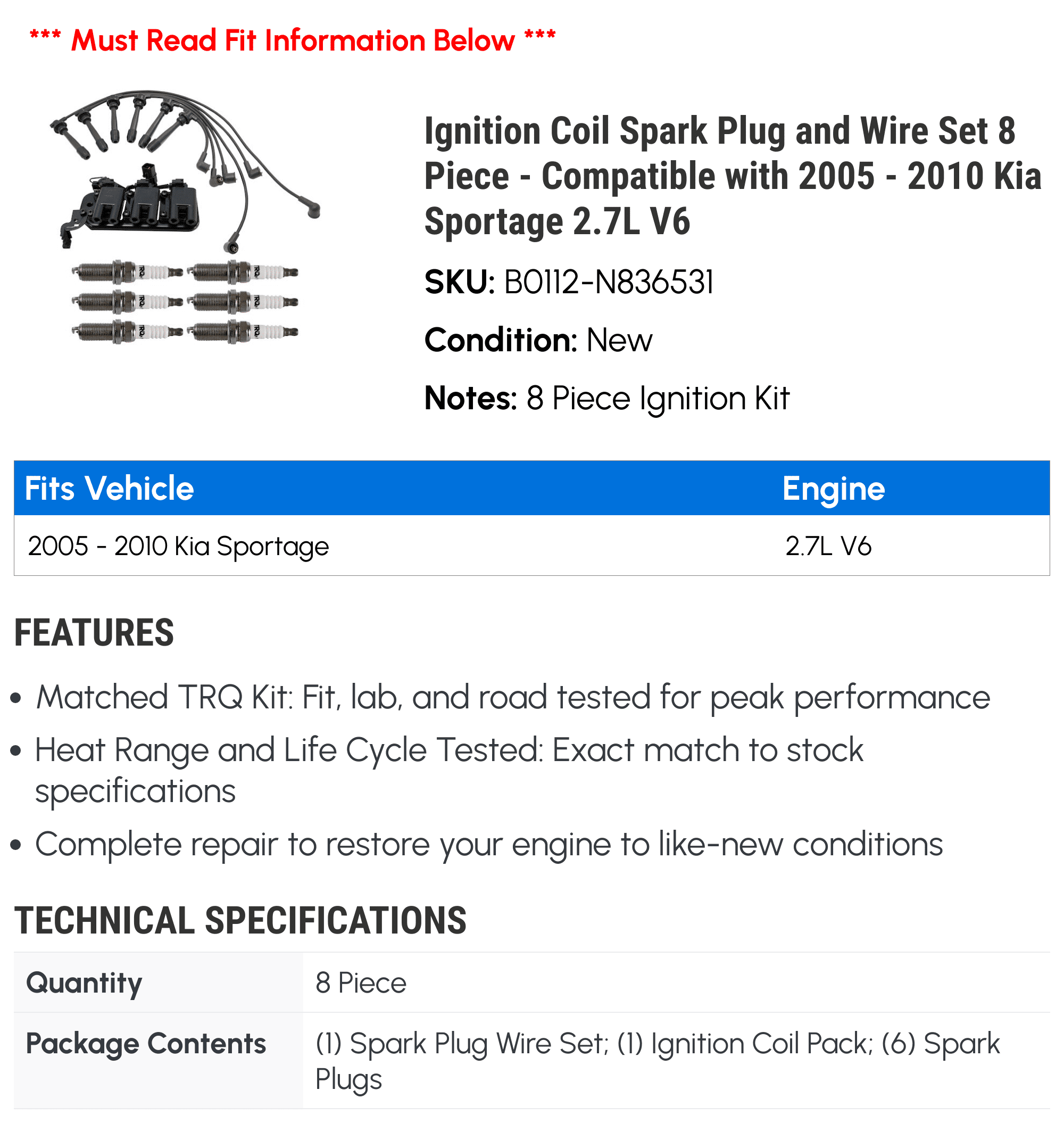 TRQ Ignition Kit For 2008-2010 Kia Sportage 2.0L - Coil, Wires, 4 Spark Plugs (Iridium)