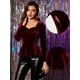 thumbnail image 2 of Blusa de terciopelo para mujer, elegante, con escote corazón, manga larga, top peplum borgoña XS, 2 of 5