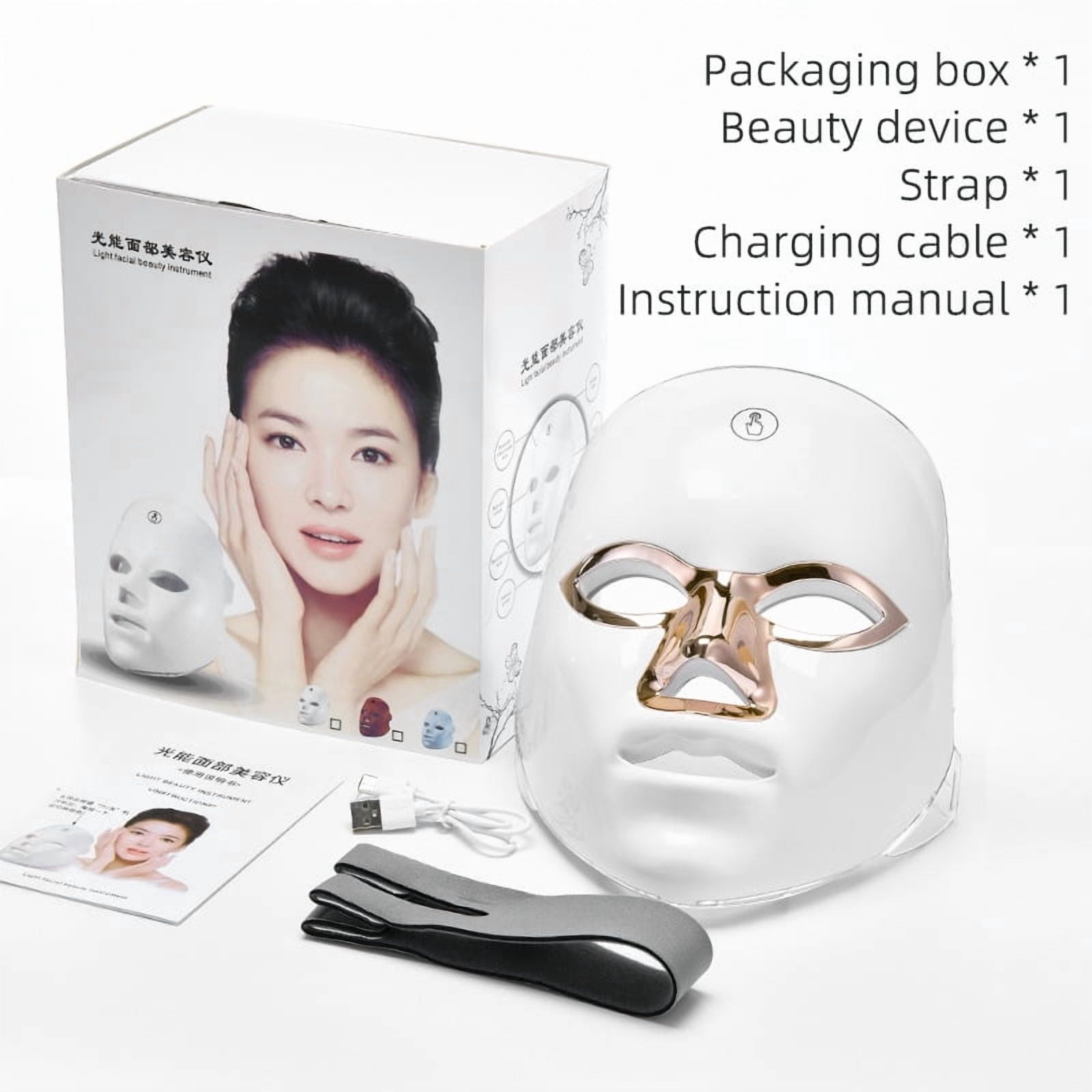 Multi-Spectrum LED Facial Light Mask for Relaxation,Hands-Free Personal Beauty Device with Red&Blue Light to Complement Your Skincare Regimen, Cordless,White rose-patterned frame with gold trim style