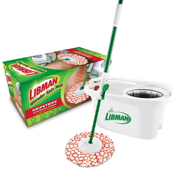 Libman Wonder Spin Mop System with Adjustable Handle and Microfiber Gripstrips for Easy Floor Cleaning