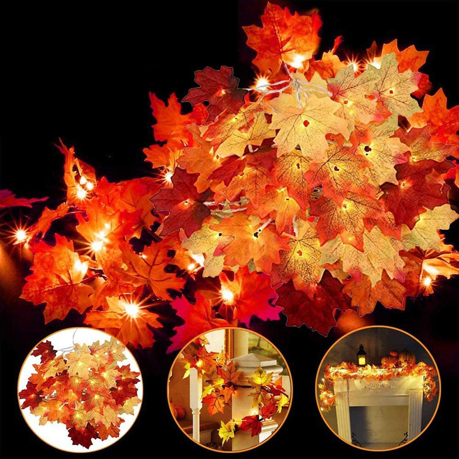 Thanksgiving Harvest Maple Leaves Lighted Fall Garland 24 LED Lights 