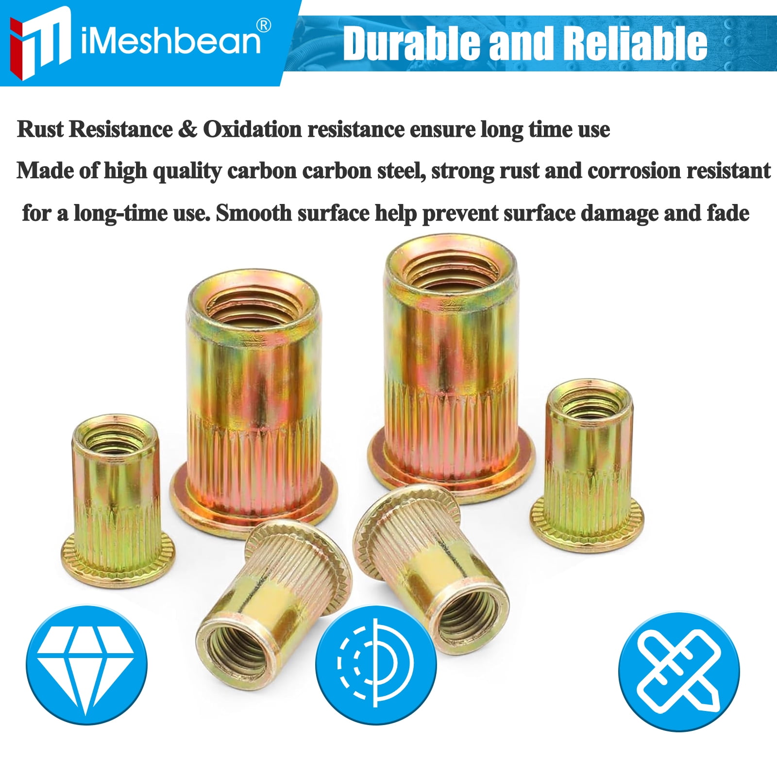 iMeshbean 860Pcs Rivet Nuts- SAE UNC Assortment Carbon Steel Flat Head Zinc Plated Nutsert