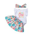 thumbnail image 6 of Yuncity Girls Romper Outfit Flutter Sleeve Floral Plaid Skirt Birthday Themed Bodysuit Sleeves Coordinating Hairpiece Onesie 3 Piece Outfit Sets Size 1-3 Monthss, 6 of 7