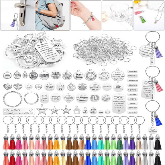 350-Pc Motivational Keychain Making Kit - 50 Engraved Charms, 50 Leather Tassels & 200 Jump Rings
