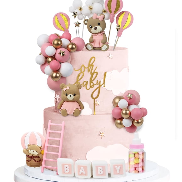 Acmee - Juego de 44 adornos para tartas de oso – Mini oso 3D para bebé, botella de leche, bolas de espuma de oro rosa, decoración para tartas para niños, ni&