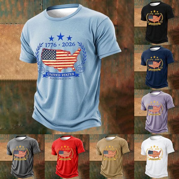 Kcolen 250 Anniversary Usa Shirt Mens Shirts Short Sleeve 250 Years American Flag 250th Anniversary Usa T-Shirt Crew Neck Trendy America Pullover Tee