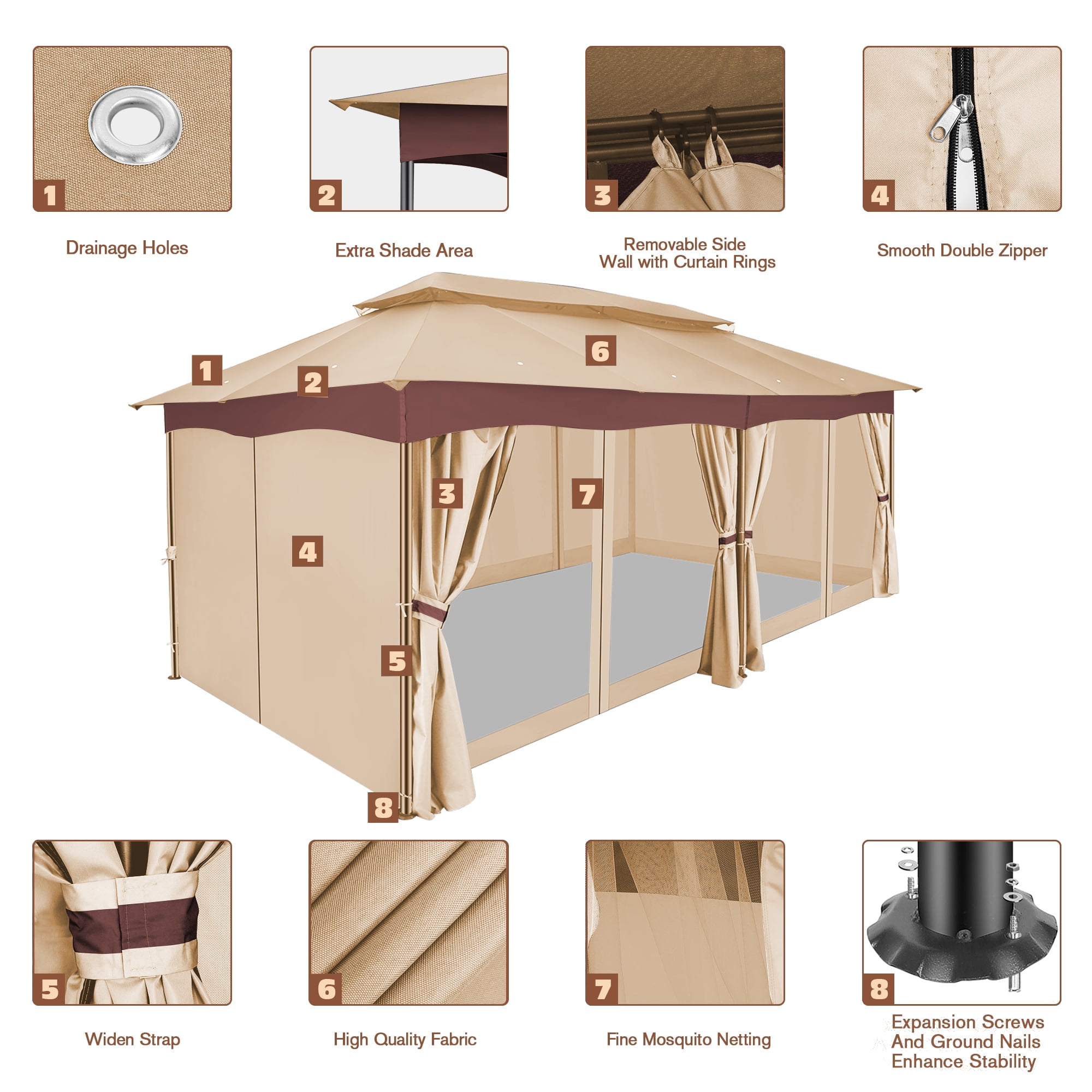 SANOPY 12x20ft Heavy Duty Gazebo with Metal Steel Frame Sturdy Tent with Privacy Curtain and Mosquito Netting Outdoor Gazebo for Garden, Lawn, Backyard, Garage,Khaki
