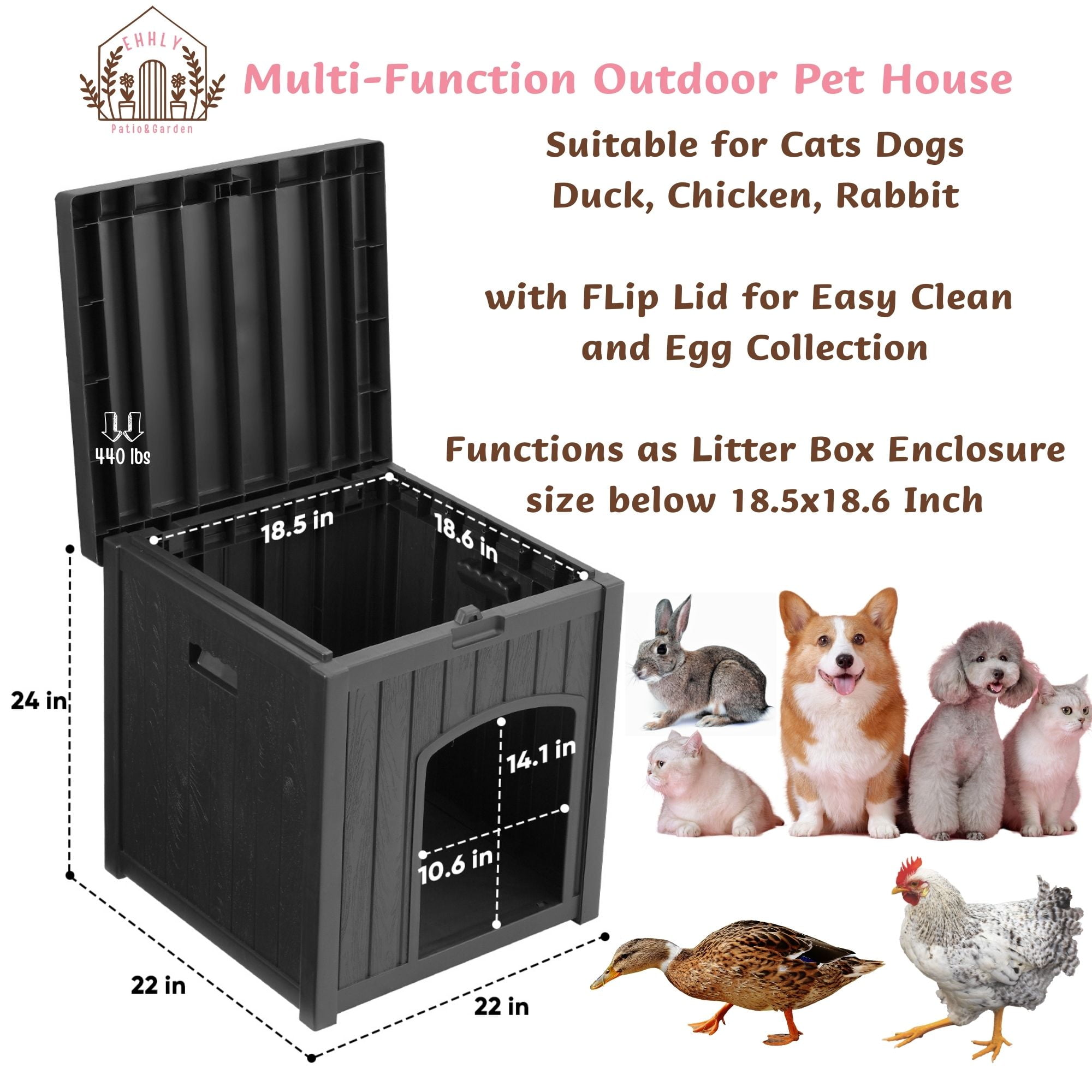 EHHLY Outdoor Cat House Waterproof, Outside Multiple Feral Cat Houses Weatherproof, Cat Litter Box Enclosure, Durable Resin Plastic, Grey