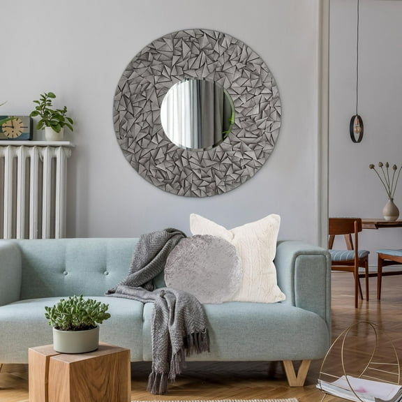 Tyler Dillon Gray Round Wall Mirror with Wood Block Mosaic Frame - 38"D