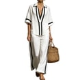 thumbnail image 2 of BRELIL Women Plus Size Two Piece Sets V Neck Short Sleeve Shirt Wide Leg Long Pants Casual Lounge Solid Boho Vacation Travel Outfits Fall Summer Tracksuit, White 3XL, 2 of 9