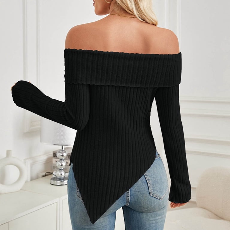 Xflwam Women's Off Shoulder Knitted Sweater Long Sleeve Side Slit Pullover Tops Sexy Trendy Y2k Aesthetic Clothes L, Size: Large, Black