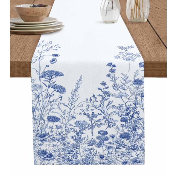 Blue White Spring Floral Table Runner 36 Inches, Summer Flowers Farmhouse Bed Runner Dresser Scarves Tabletop for Indoor Outdoor Parties/Ceremony/Banquet, 13"x 36"