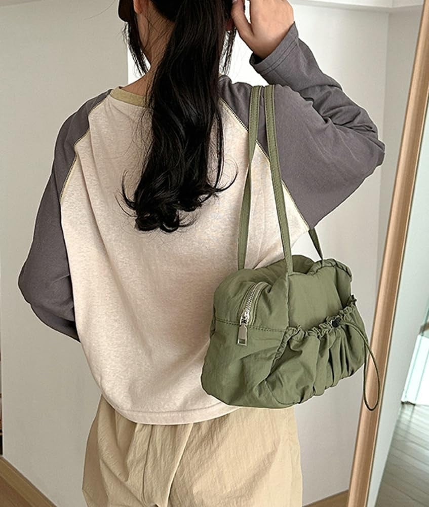 Zhengup Nylon Hobo Bag for Women Shoulder Bag Purse Large Capacity Totes Handbag Drawstring Pleated Top Handle Bag