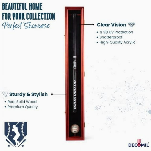 DECOMIL - Baseball Bat Display Case, Baseball Bat Rack, Cabinet Holder Wall Mount, w/UV Protection, Lockable, Vertical or Horizontal (Cherry)