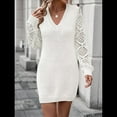 thumbnail image 6 of Women'S Mini Fitted Crochet Hollow-Out Sweater Sexy- Dress Dressy Casual Long Sleeve V Neck Knit Dresses White S, 6 of 8