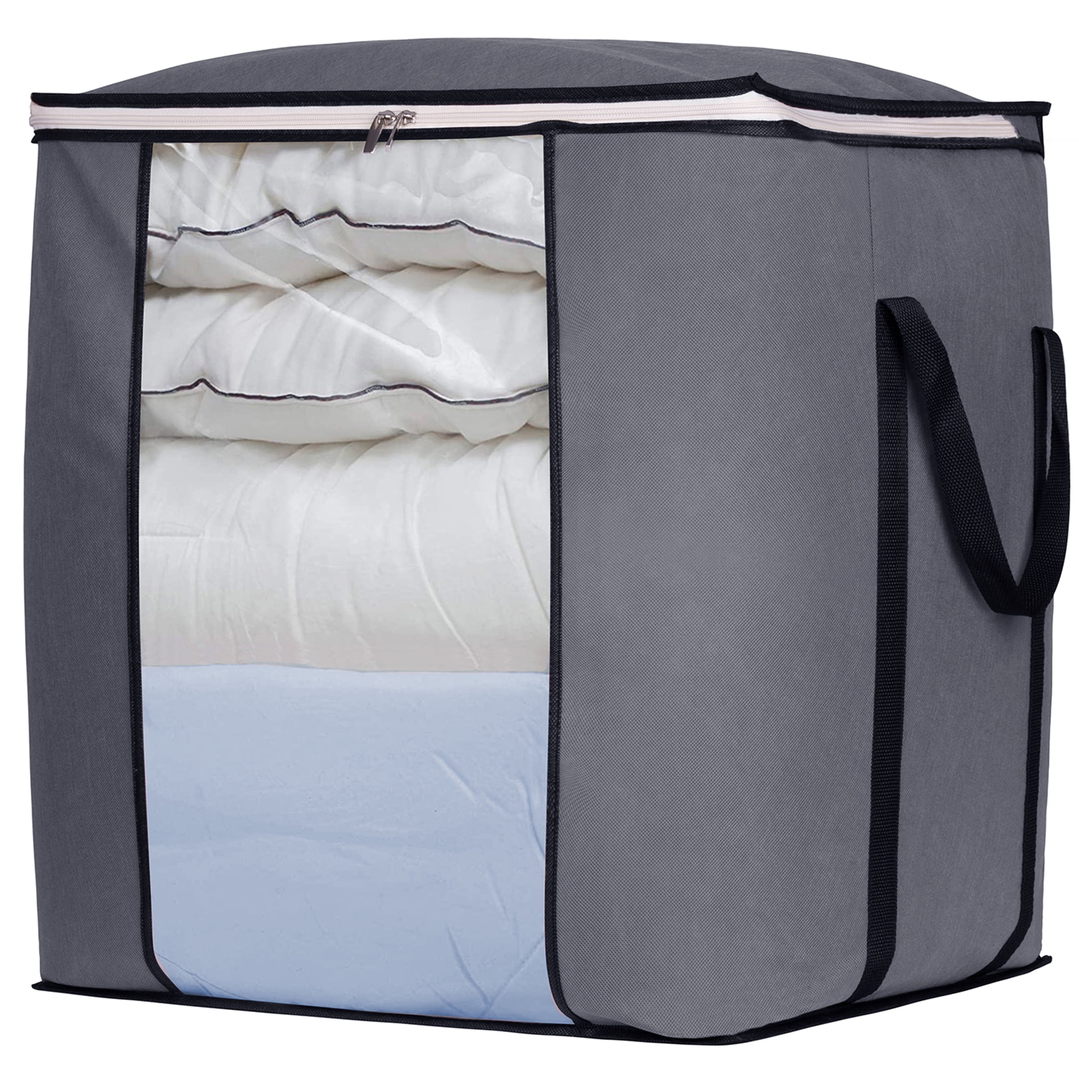 Grey Clothing Storage Bags for Quilt 3 PCS Duvet Storage Bag King Size Bedding Blankets Foldable Organizer Underbed Storage Bags with Clear Windows Large Capacity Clothes Storage Bags with Zips 
