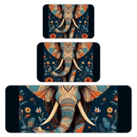 RKSupls Kitchen Rug Set 3 Piece Anti-Slip Flannel Floor Mats, Elephant Floral Pattern Washable Absorbent Runner Mats for Kitchen Bathroom Home Decor