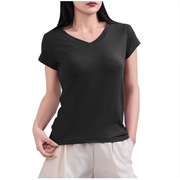 Mujeres Manga Corta Tops Casual, Color Sólido Cuello en V, Camiseta Casa Blusas para Mujeres
