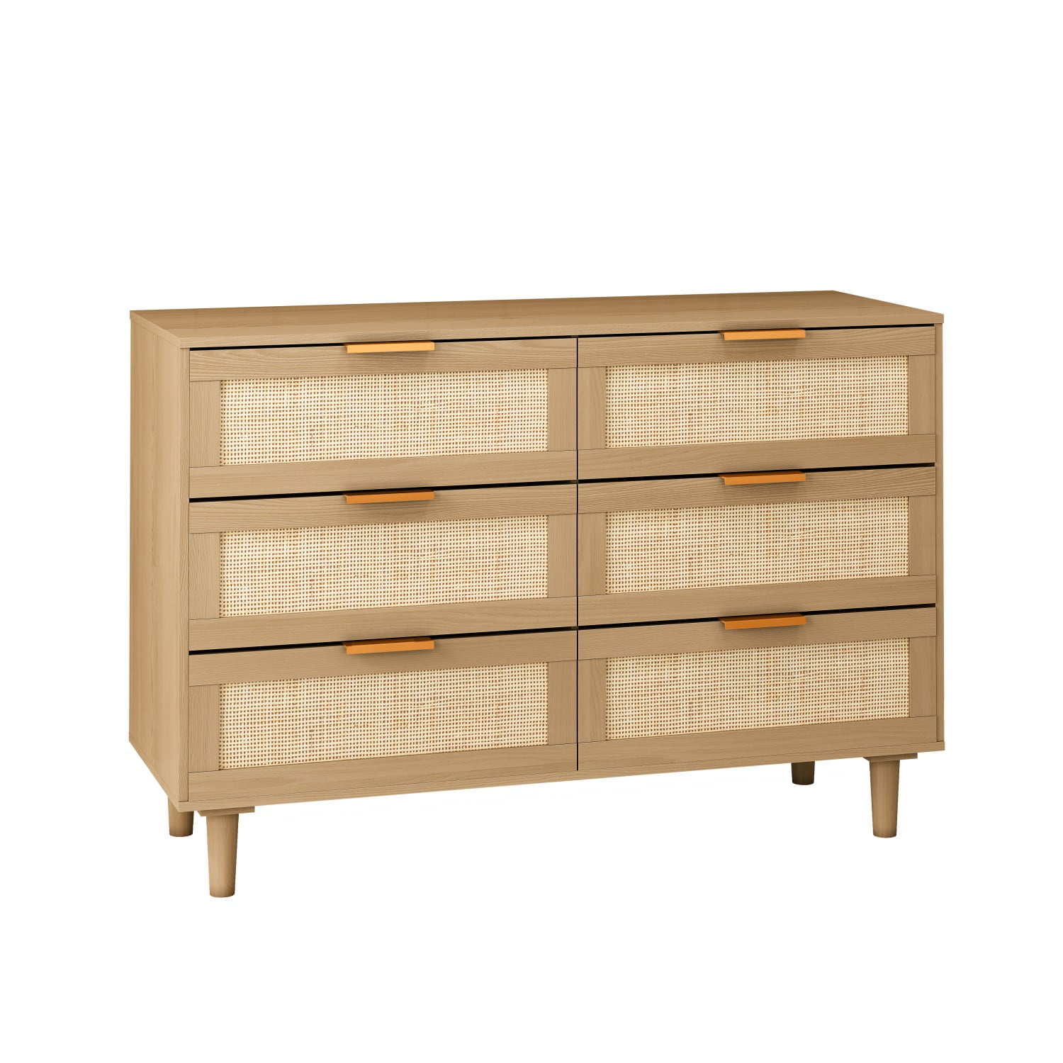 Kadyn Chest of Drawers, 6 Drawers Rattan Dresser for Bedroom with Gold Handle, Oak Nursery Dresser