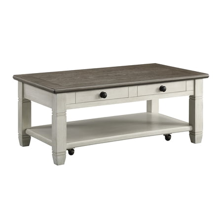 Rome 48 Inch Cocktail Coffee Table- 2 Drawers- White and Brown- Solid Wood