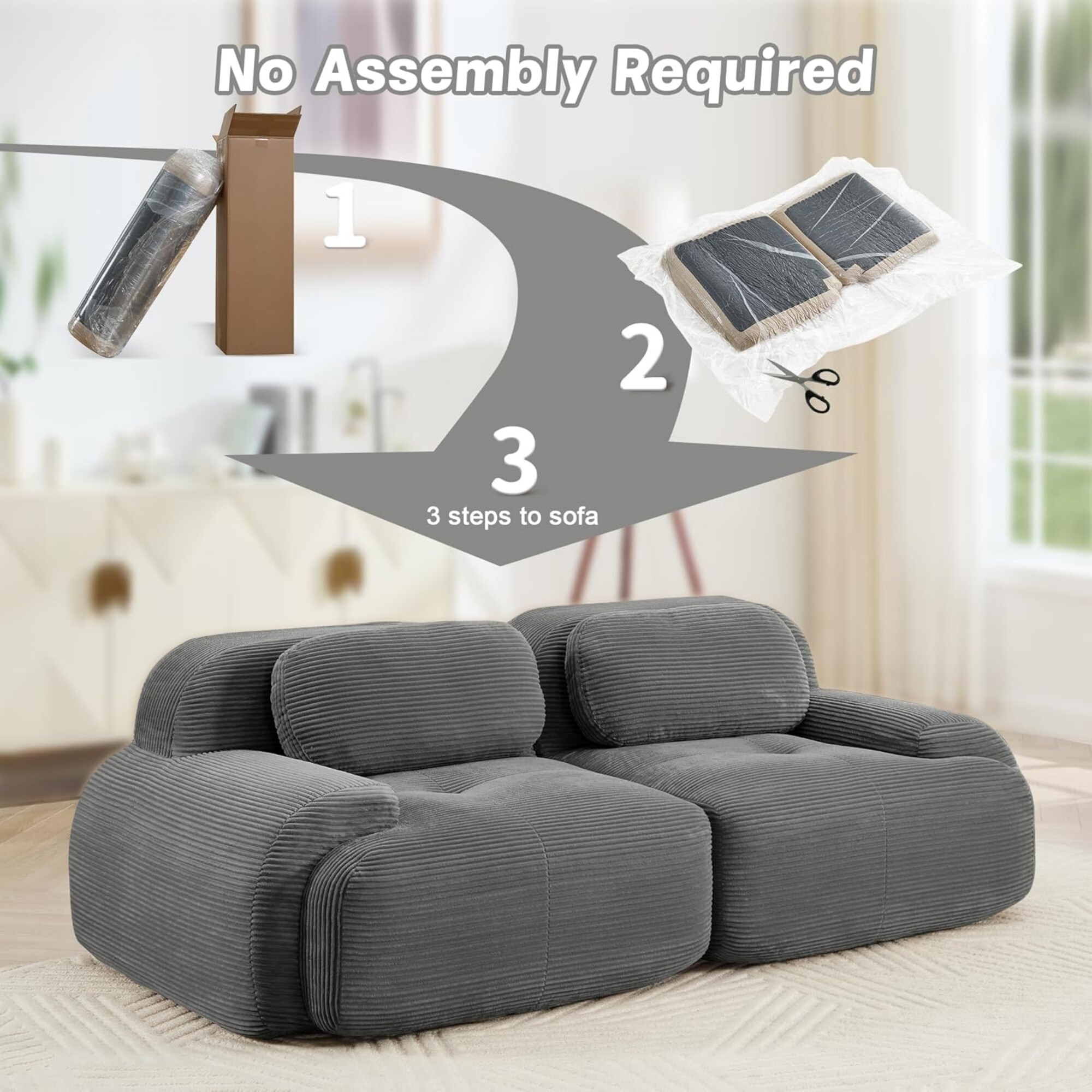 DEALTOPS 82" Oversized Corduroy Loveseat Sofa, Comfy 2-Seater Couch for Living Room & Bedroom, No Assembly, Gray