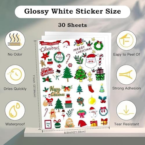 Printable Vinyl Sticker Paper for Inkjet Printer-30 Sheets Glossy White 8.5" x 11" Waterproof Labels Paper, Dries Quickly, Vivid Colors, Tear Resistant, DIY Christmas Stickers