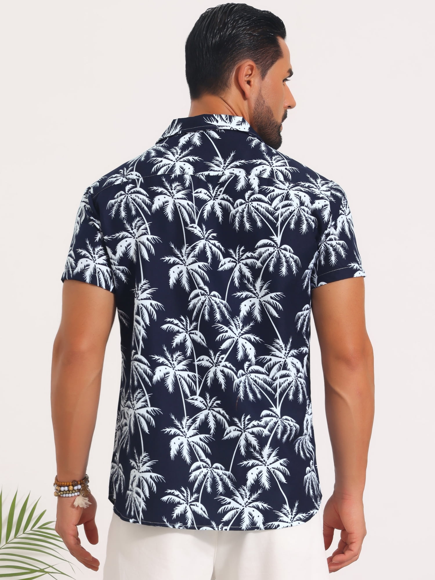 DARING DIVA Men's Short Sleeve Button Down Camp Collar Leaf Print Shirts M Navy Blue