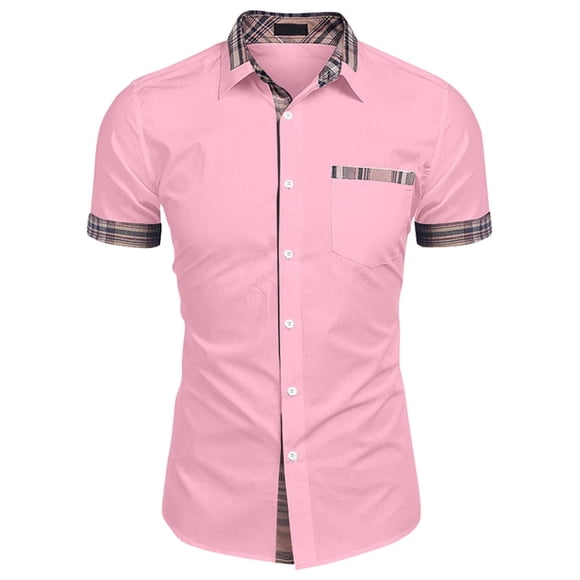 YOUYEDIAN Men's Short Sleeve Dress Shirt Plaid Collar Casual Button Down Shirts (Pink, XL)
