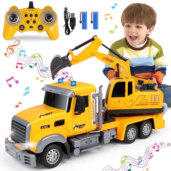 UQN Construction Truck Toys for Boys 3-6 Years, 16" Large Kids RC Excavator Truck Toy with Lights and Sounds, Educational Gifts for 3 4 5 6 7 8 Years Old Boys & Girls Kids Toddlers