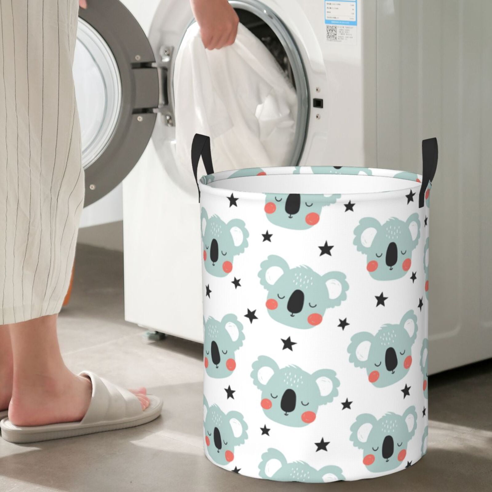 Large Laundry Basket with Handles - Green Koala Black Star Kids Baby Dirty Clothes Laundry Hamper for Bedroom Aesthetic
