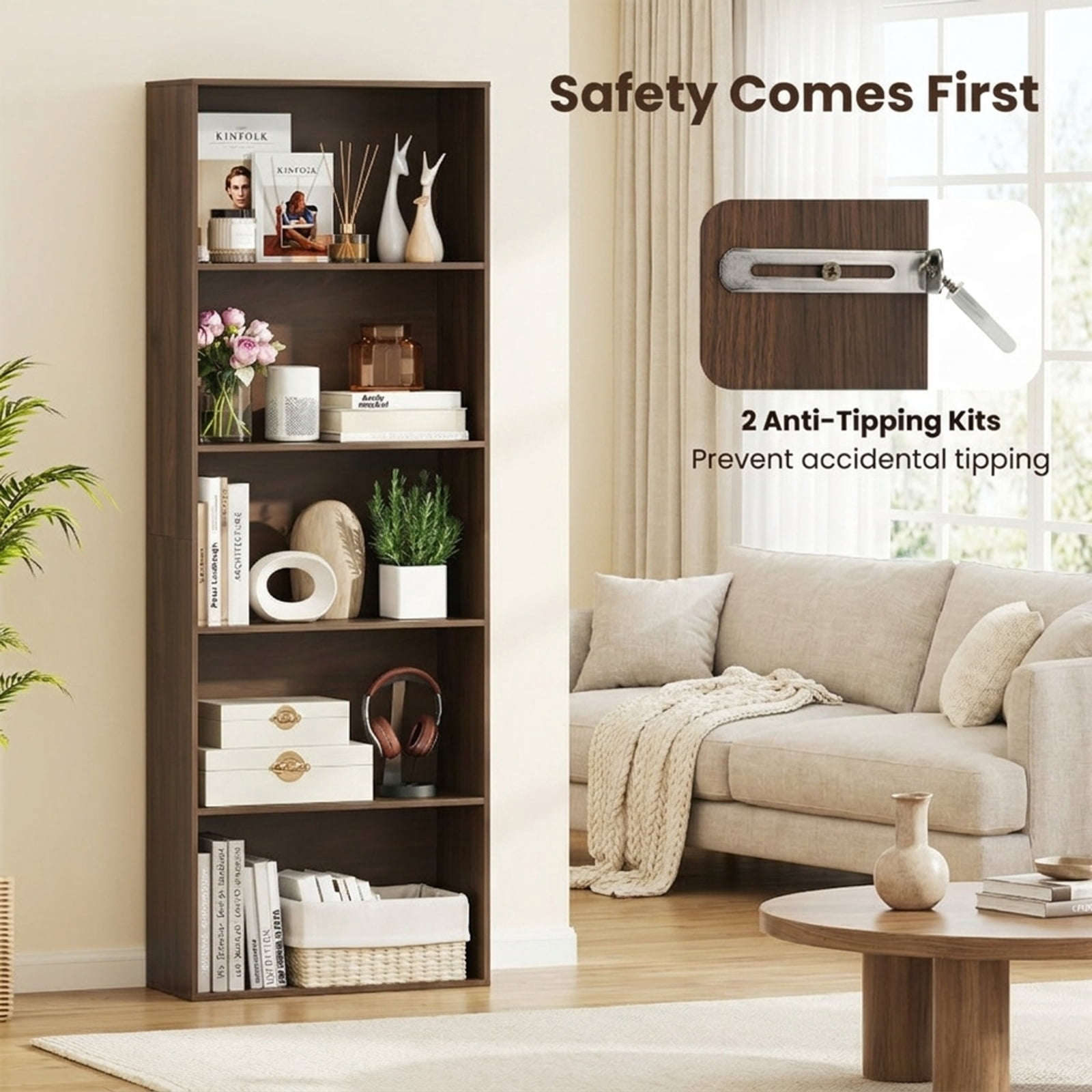 Furnibear 5-Tier Bookshelf Open Bookcase Freestanding Display Shelf Storage Organizer-Dark Walnut for Living Room Home Office Bedroom, Dark Brown