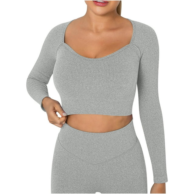 aidice Hauts Athlétiques pour Femmes, Entraînement, Encolure Dégagée, Manches Longues, Coupe Ajustée, Couleur Unie, Hauts Courts de Yoga