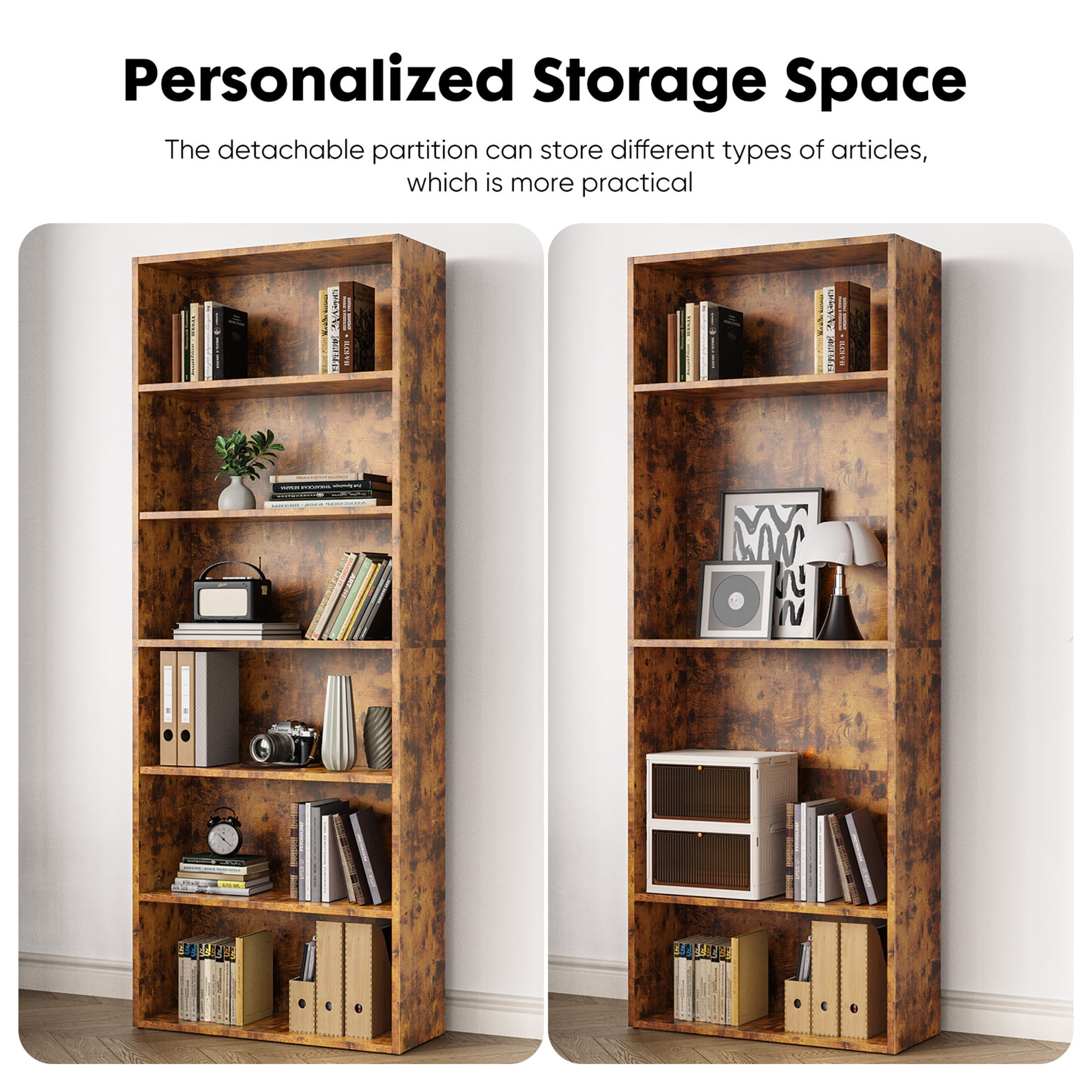 ZUNMOS 6 Shelf Bookcase, 63 Inch Tall Open Industrial Standing Bookshelf Large Storage for Home Office, Living Room, Bed Room, Rust