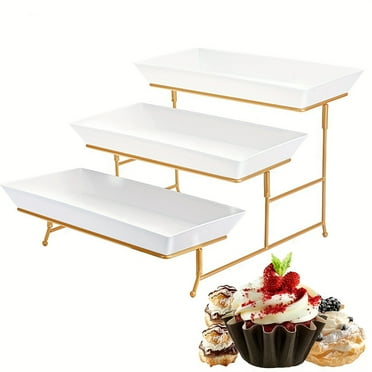 JEPIADI 1-piece three-layer dessert stand with foldable metal display stand and three-layer plastic tray, suitable as a snack display stand for family gatherings, weddings, and parties