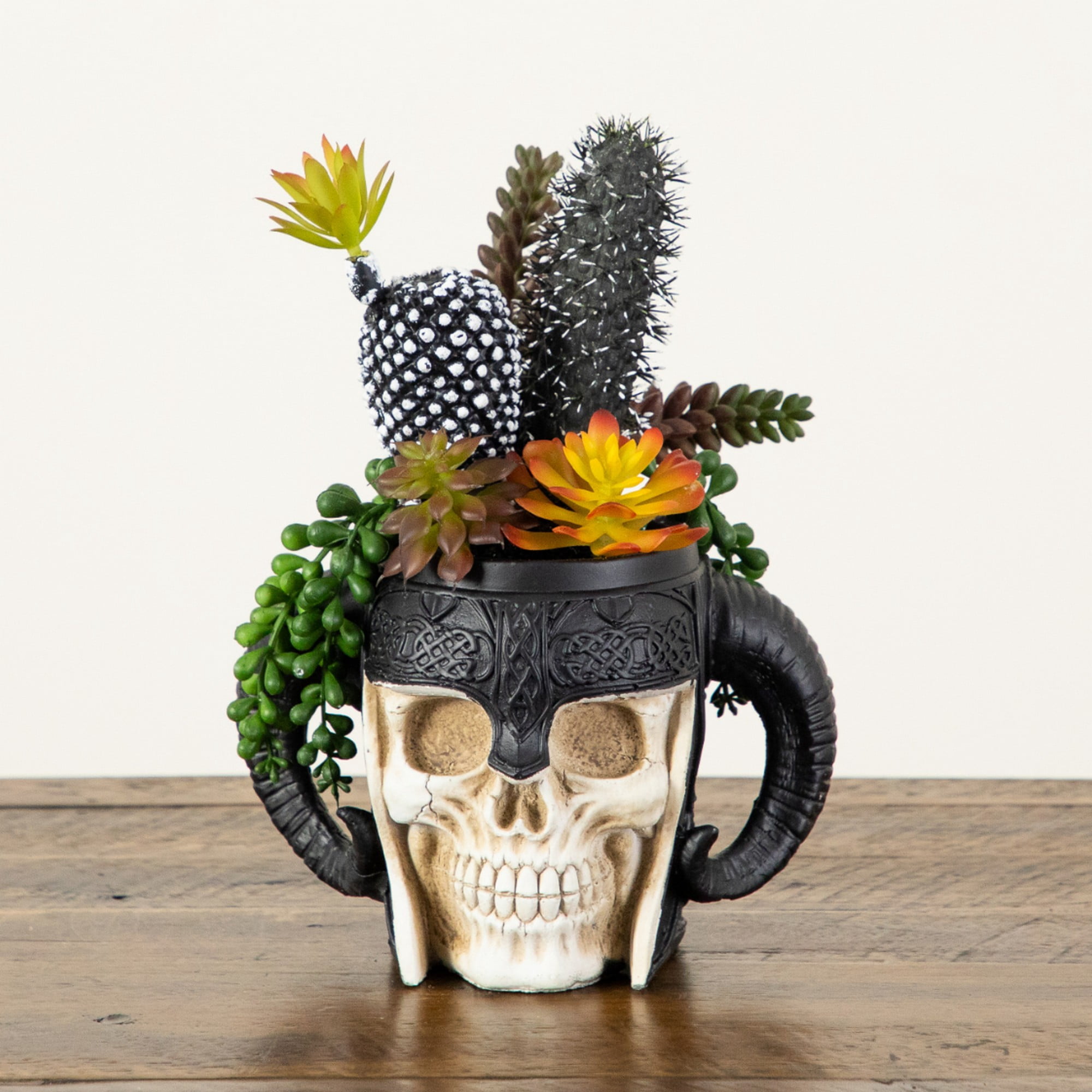 9in. Artificial Halloween Mixed Succulent Garden in Warrior Skull Planter