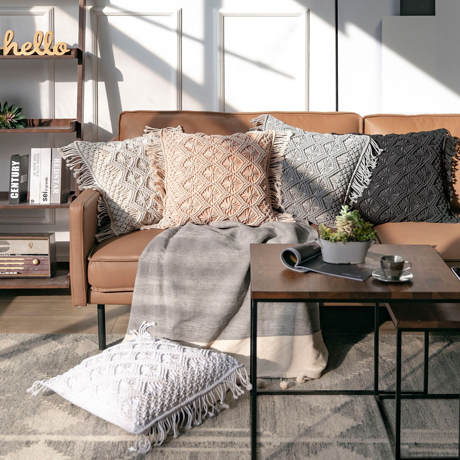 Phantoscope 100% Cotton Handmade Crochet Woven Checked Throw Pillows, 18 x 18 in Square Cushions with Tassels, Boho Style, Pure White, 2 Pack