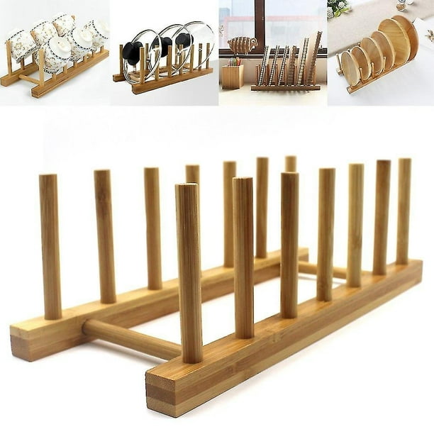 Estante para platos de madera de bambú, soporte para platos, gabinete de almacenamiento de cocina compacto, organizador para platos/platos/tazones/tazas de ollas/tabla de cortar