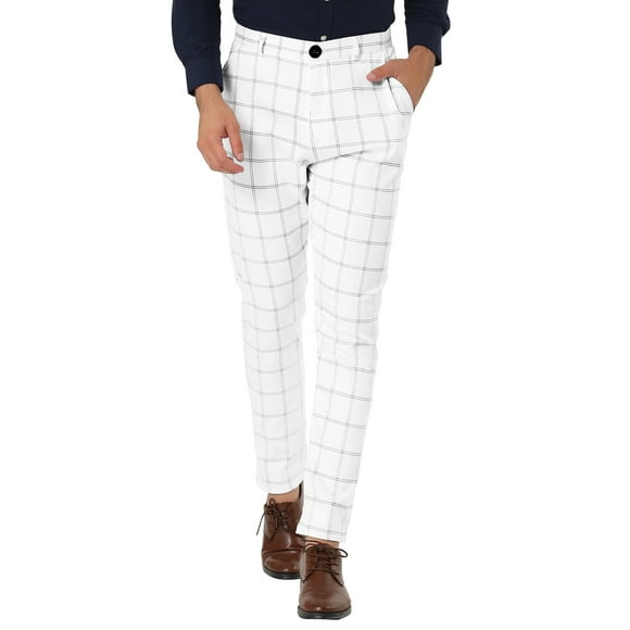 INSPIRE CHIC Men's Plaid Slim Fit Flat Front Dress Pants with Pockets 36 White