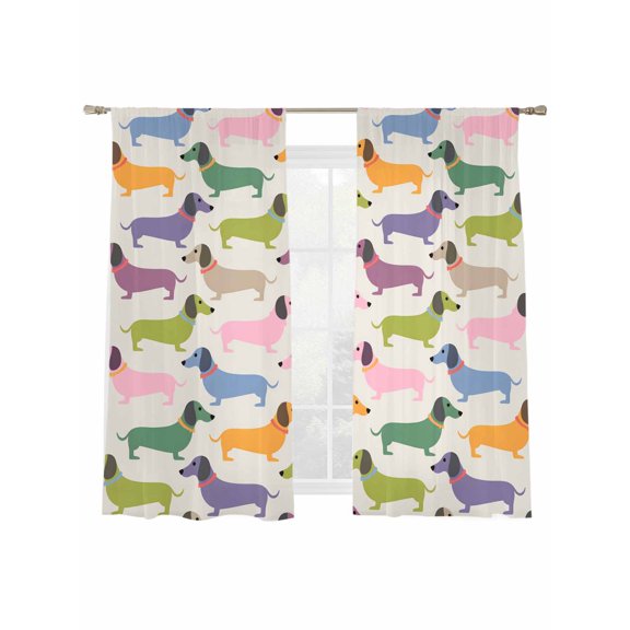 Color Dogs Sheer Curtains 2 Panels Set Cute Pink Purple Green Dachshund Animals Sheer Window Curtains Light Filtering Rod Pocket Voile Drapes for Bedroom Living Room 52"X72"