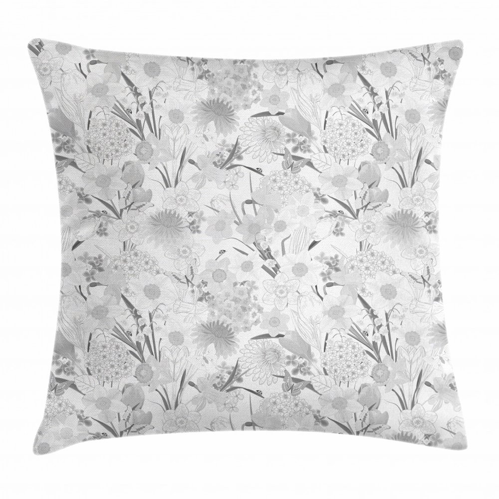 Flower Throw Pillow Cushion Cover, Monochrome Bouquet of Wildflowers