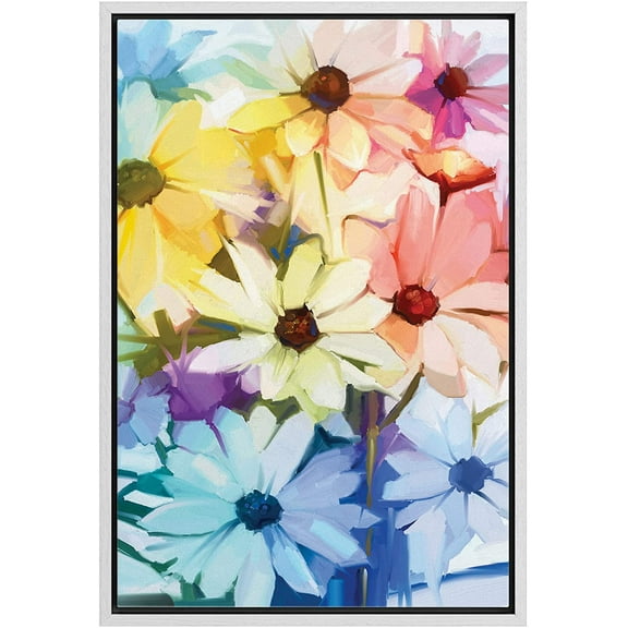 wall26 Framed Canvas Print Wall Art Watercolor Rainbow Gradient Daisies Floral Botanical Illustrations Modern Art Rustic Scenic Colorful for Living Room, Bedroom, Office - 24"x36" White
