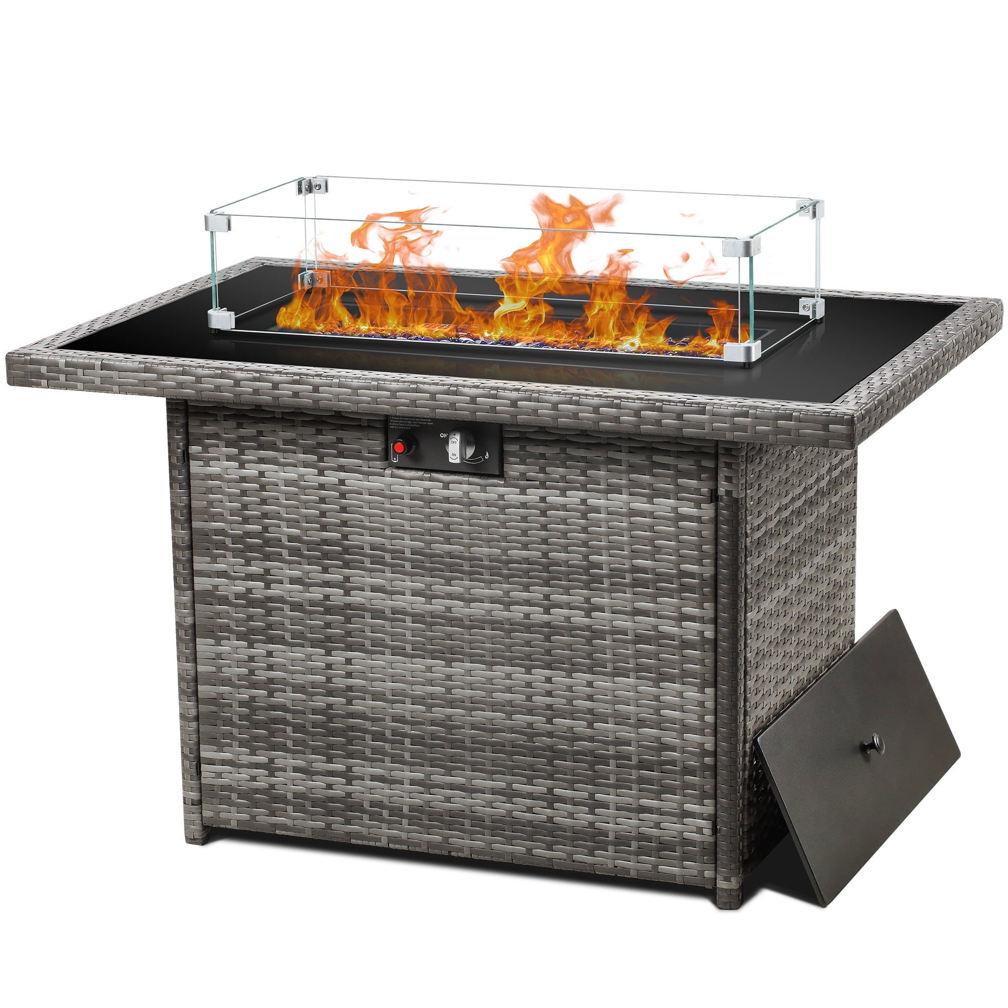 LayinSun 44" Propane Gas Fire Pit Table, 55000 BTU Rectangular Fire Pit with Glass Wind Guard for Outside Patio Deck Garden Backyard