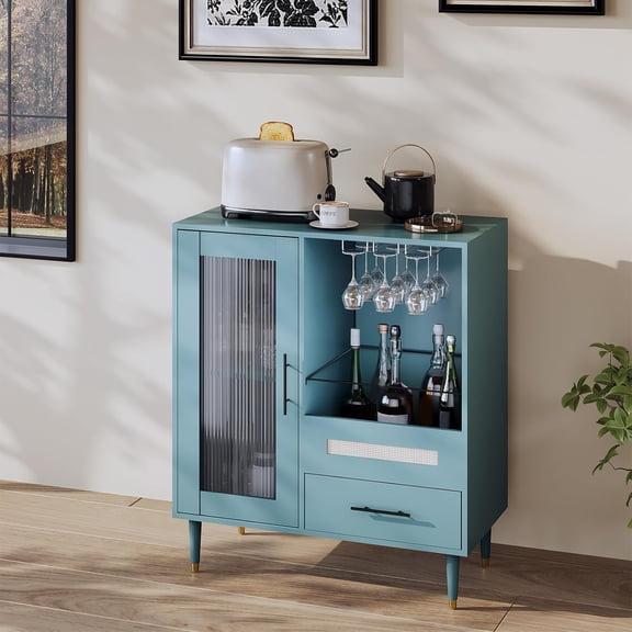 M optimized Freestanding Wine Bar Cabinet with Wine Rack, Modern Liquor Cabinet, Storage Sideboard Buffet with Tempered Glass Door & Drawers & Glass Holder for Home Dining Room, Living Room