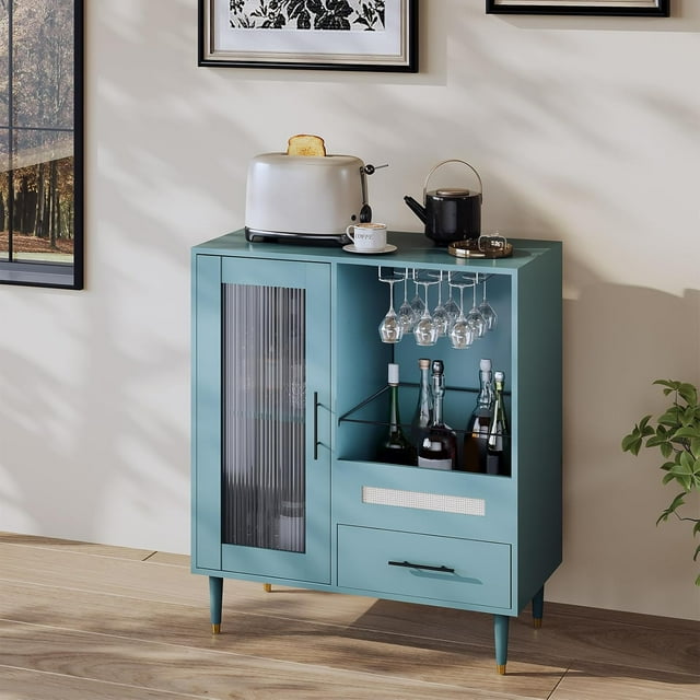 Royalbelle Armoire de Bar à Café Verte de 30,7 Po avec Support pour Verre à Vin et Rangement