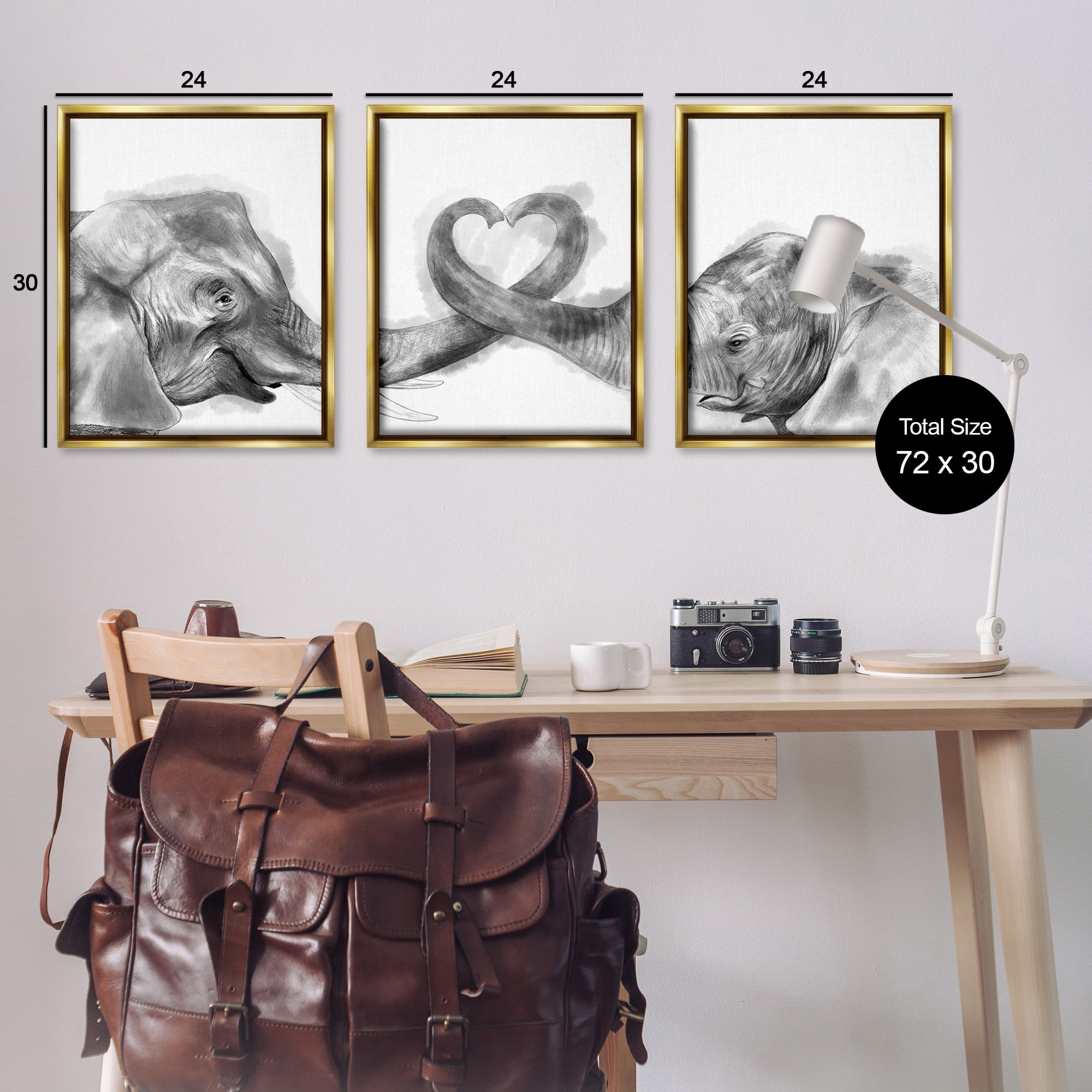 Stupell Industries Elephant Trunk Heart Shape Animals & Insects Painting Gold Floater Framed Canvas Art Print Wall Art, 25 x 31, Set of 3