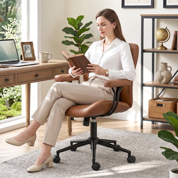 COOLHUT Home Office Chair, PU Leather Ergonomic Computer Desk Chair with Removable Armrests, Mid Century Modren Armrest Office Chair, Rocking Swivel Task Chair, Brown